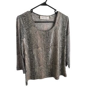 Simonton Says George Simonton Snakeskin Print Metallic Scoop Neck Top XS Grey EC